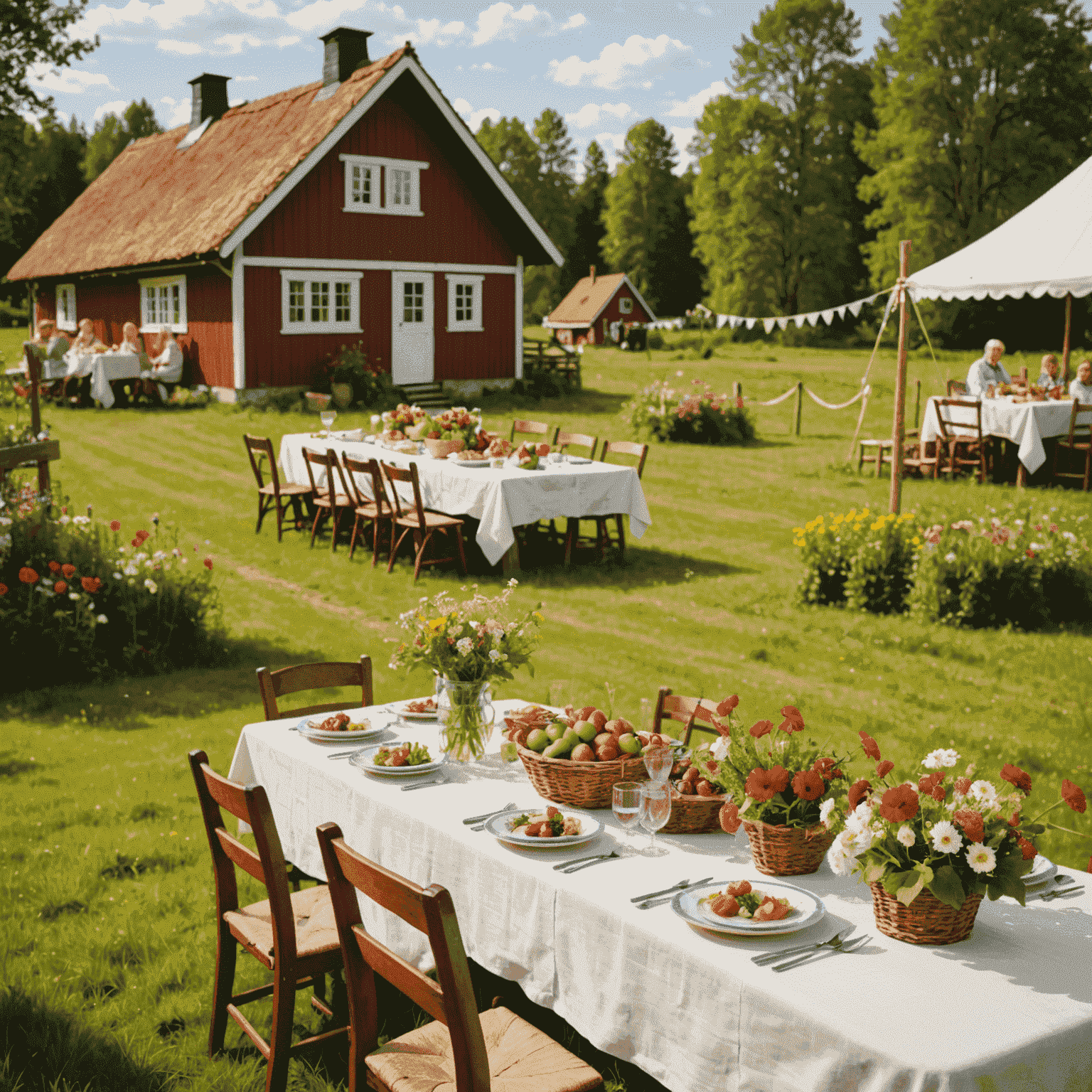 En idyllisk svensk landsbygd med en traditionell röd stuga, blommande ängar och en majstång dekorerad med blommor och löv. I förgrunden syns ett festligt dukat långbord med vita dukar, blommor och traditionell midsommarmat.