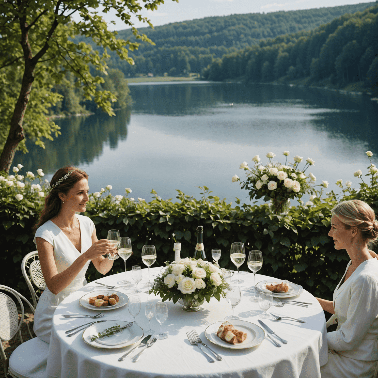 En elegant dukning på en terrass med utsikt över en sjö. Bordet är dekorerat med vita linnedukar, kristallglas, silverbestick och vackra blomsterarrangemang i blått och vitt. I bakgrunden syns gäster klädda i somriga festkläder som minglar och skålar i champagne.