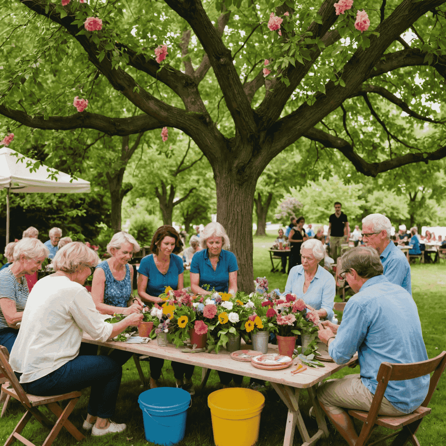 En grupp människor som deltar i en blomsterkransworkshop utomhus. De sitter vid ett långt bord under ett stort träd, omgivna av hinkar fyllda med färgglada sommarblommor. En florist demonstrerar tekniken medan deltagarna skapar sina egna kransar.